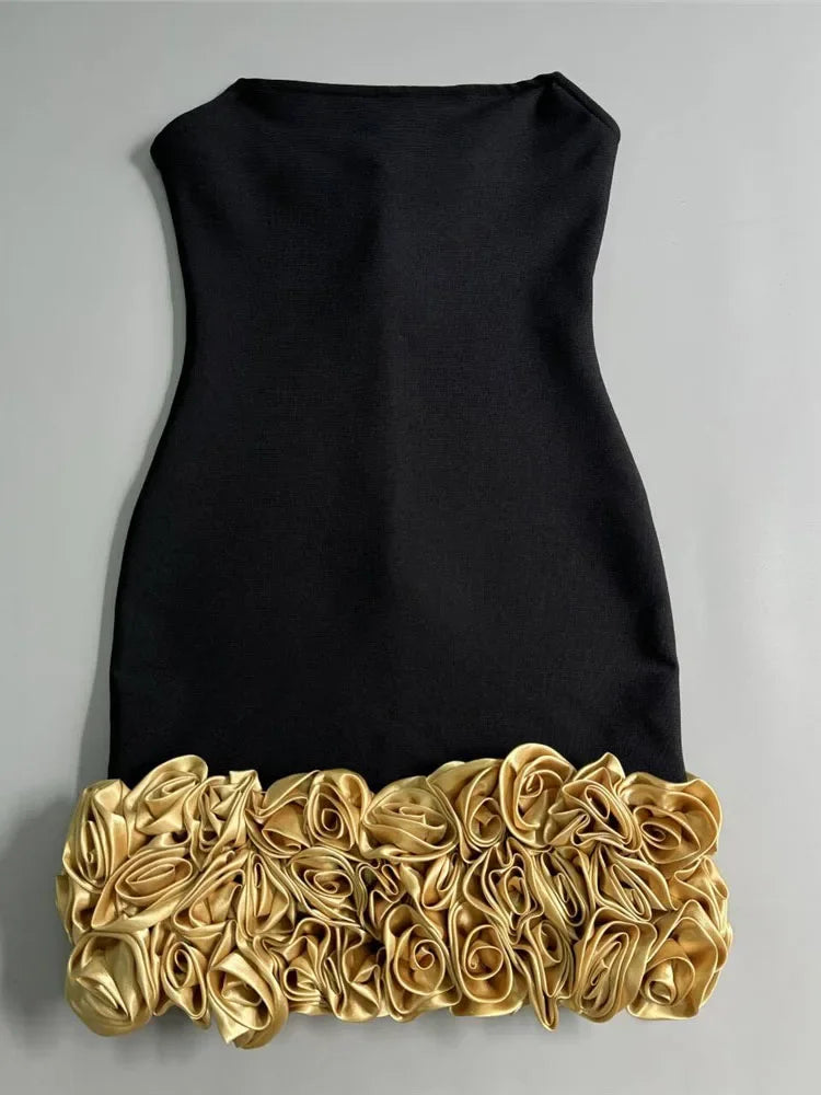 Strapless Gold 3D Floral Mini Bandage Dress VestiVogue