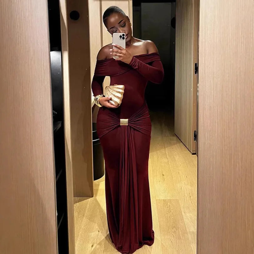 Elegant Ruched Midi Party Dress with Slash Neck and Full Sleeves VestiVogue