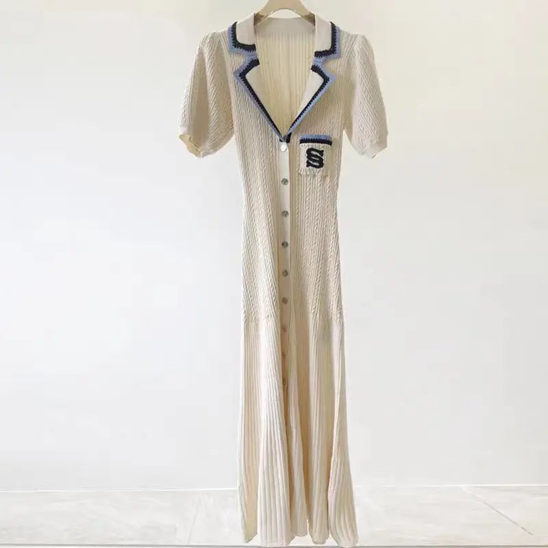 Elegant Embroidered Maxi Dress with Turn-down Collar VestiVogue