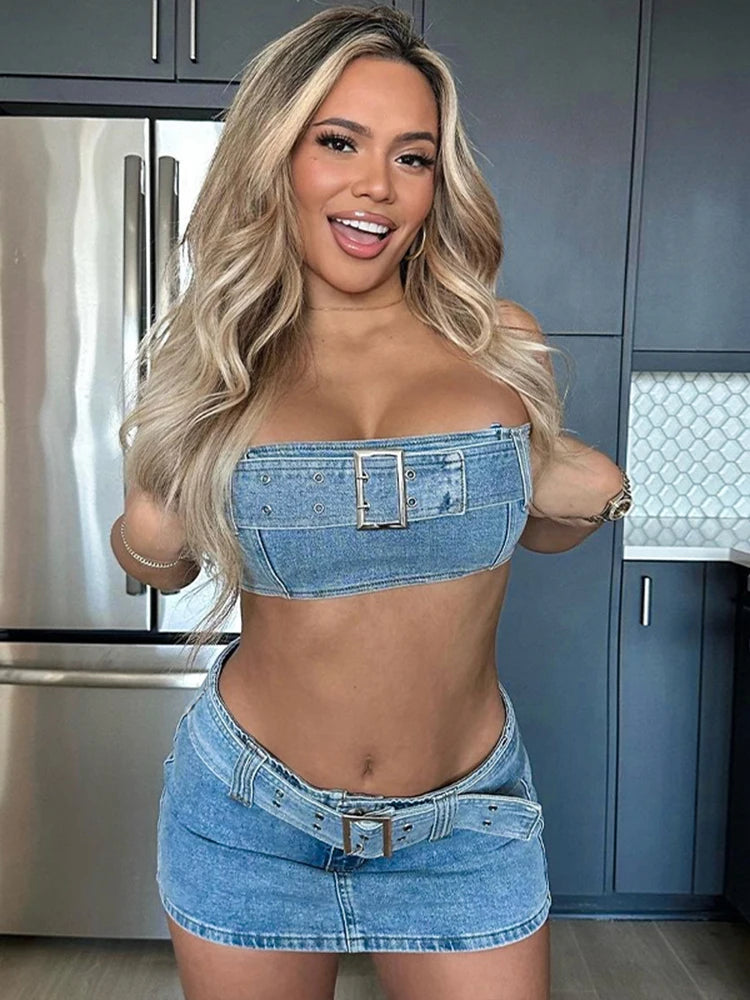 Chic Denim Wrap Top & Mini Skirt Set VestiVogue