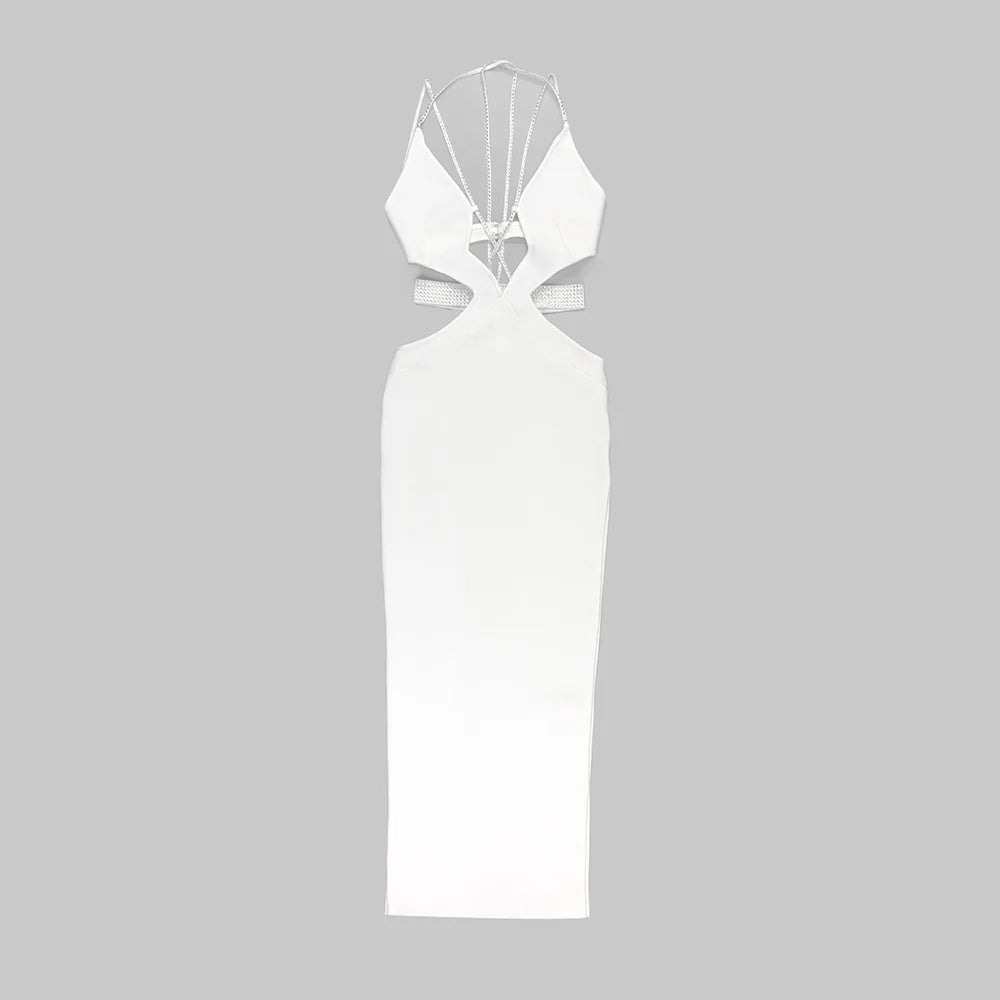 White Sexy V Neck Cut Out Crystal Maxi Dress VestiVogue