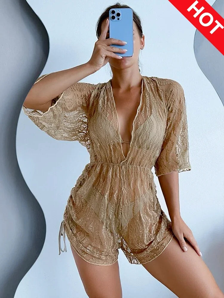 Lace Hollow-Out 3-Piece Bikini Set with Pleated Cover-Up VestiVogue Apricot 133 L