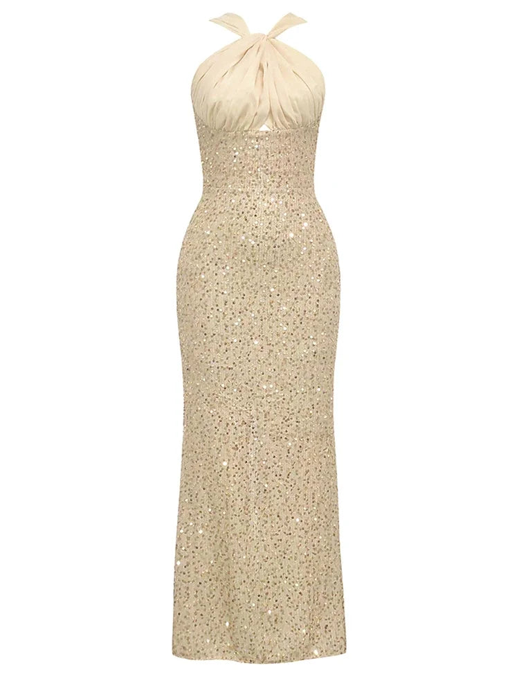 Chic Backless Halter Sequins Dress VestiVogue