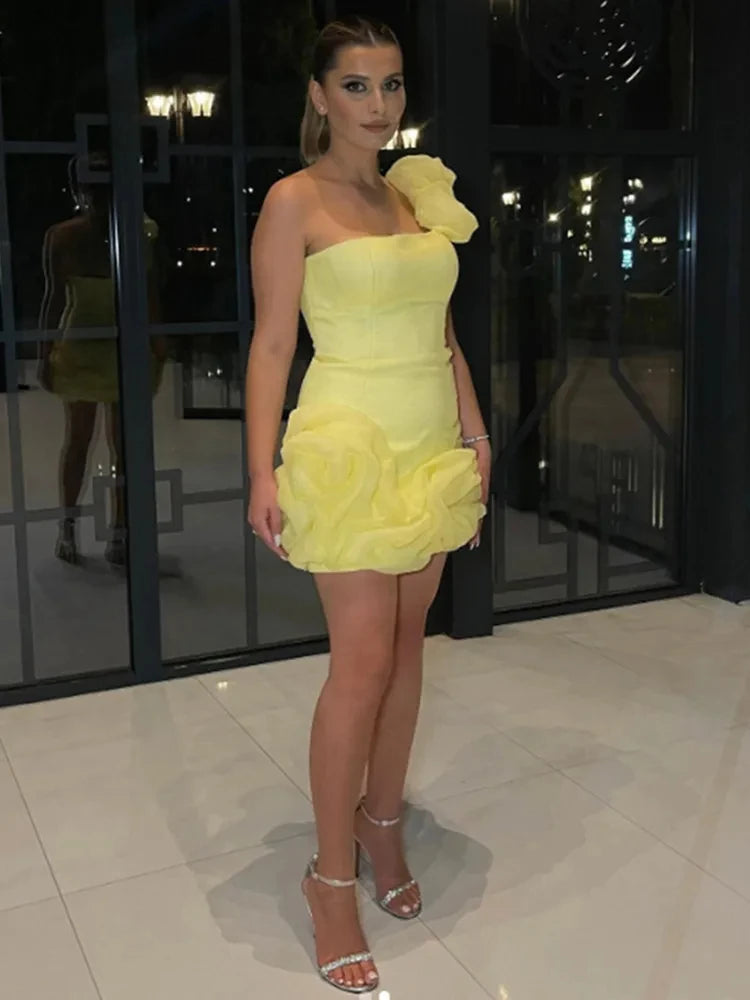 Yellow Satin Mini Party Dress VestiVogue  