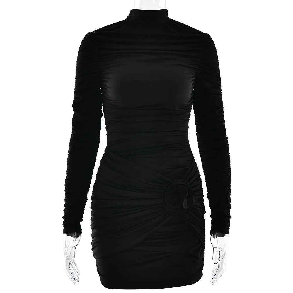 Autumn Pleated Mini Dress with 3D Flower Detail VestiVogue