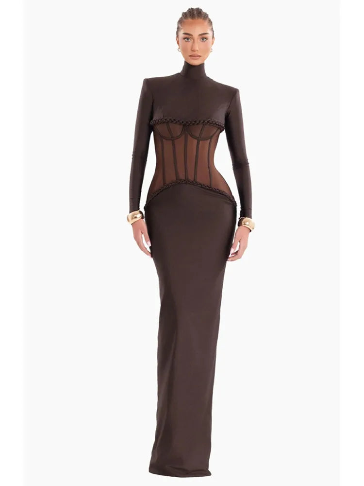 Elegant Brown Bodycon Maxi Gown with Turtleneck and Full Sleeves VestiVogue Brown M
