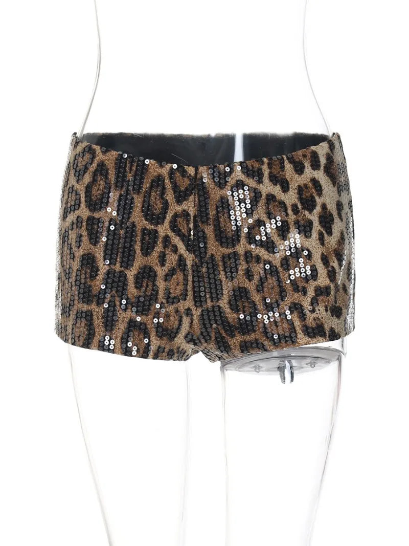 Leopard Print Sequin Super-Short Night Club Shorts VestiVogue Leopard S