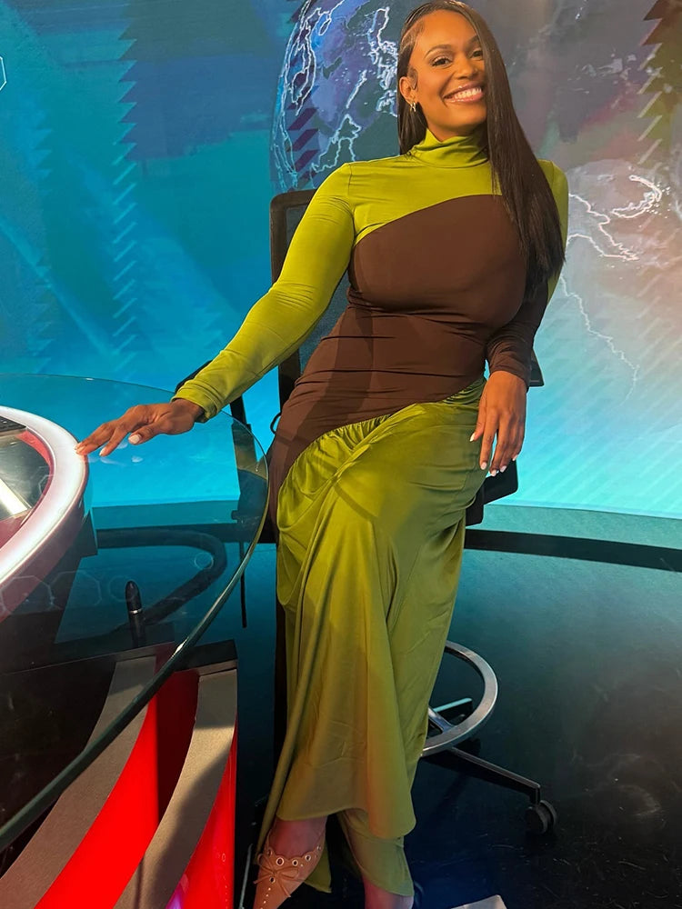 Contrast Patchwork Turtleneck Long Sleeve Dress VestiVogue