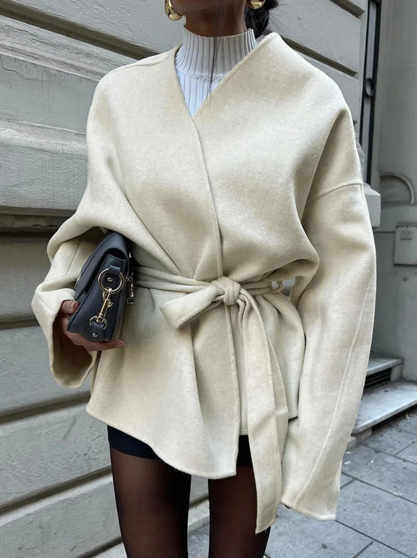 Elegant V-Neck Lace-Up Long Sleeve Coat for Women VestiVogue