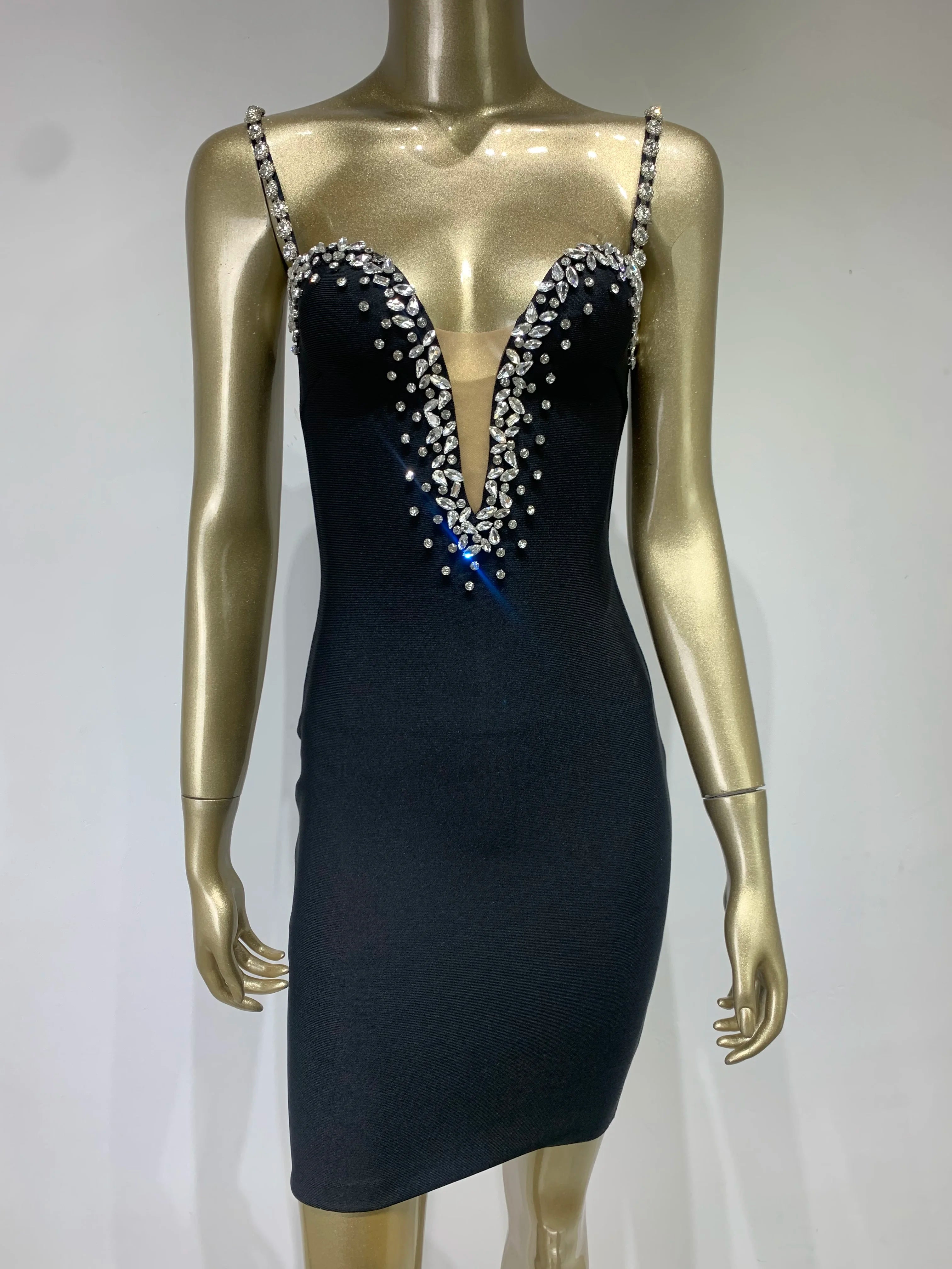 Diamond Black V-Neck Bodycon Dress VestiVogue  