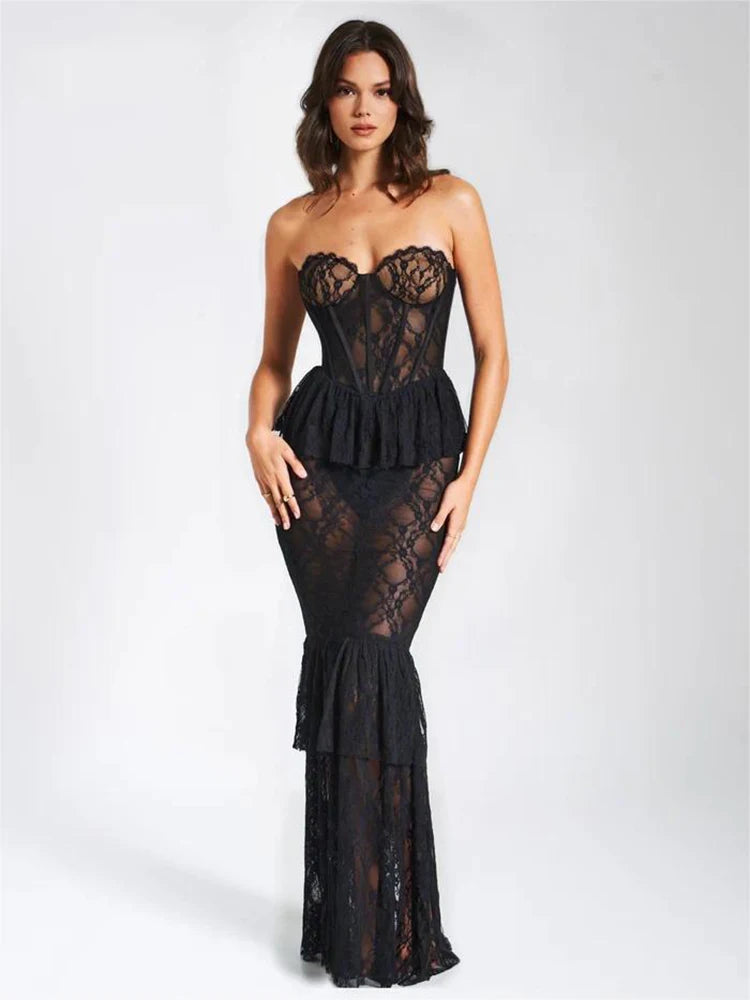 Lace Open Back Ruffle Pleated Dress VestiVogue