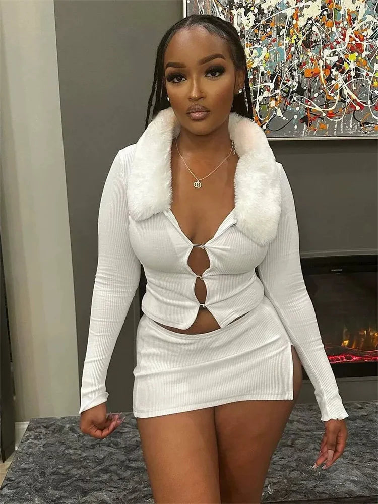 Fur Patchwork Ribbed Two-Piece Slim-Fit Set with Side Split Mini Skirt VestiVogue