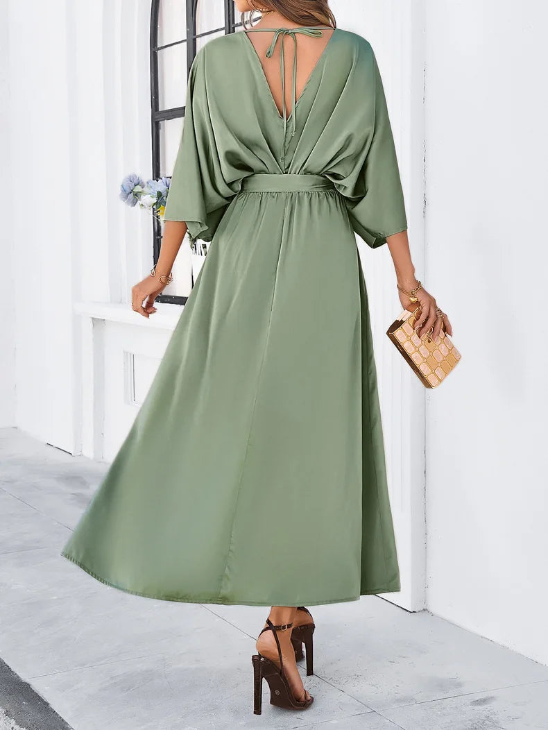 Elegant V-Neck Split Maxi Dress with Batwing Sleeves VestiVogue