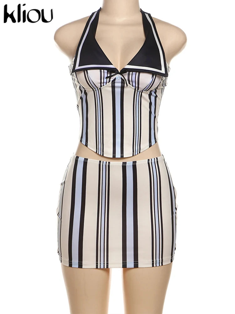 Stripe Print Halter Neck 2 Piece Set with Mini Skirt VestiVogue
