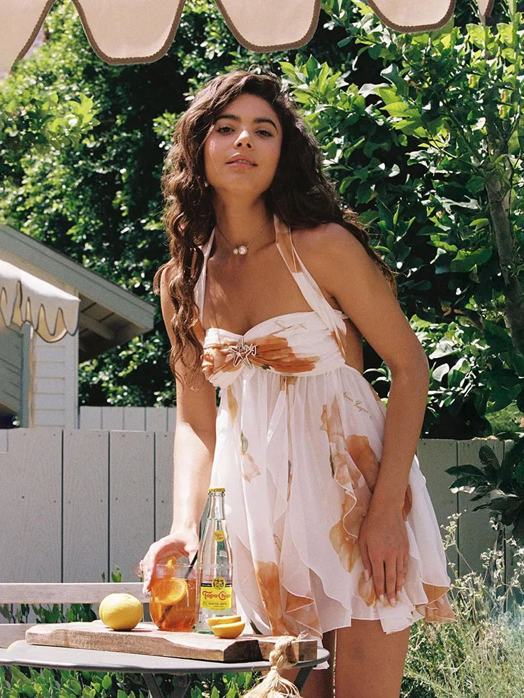 Halter Neck Backless Ruffle Mini Dress VestiVogue Yellow M