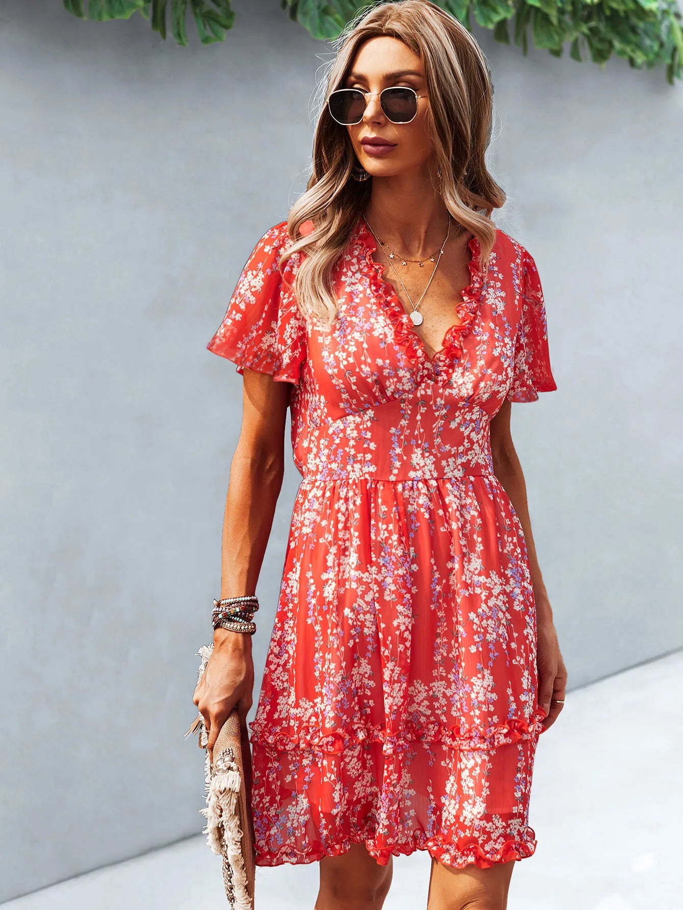 Light floral summer Dress VestiVogue Red M