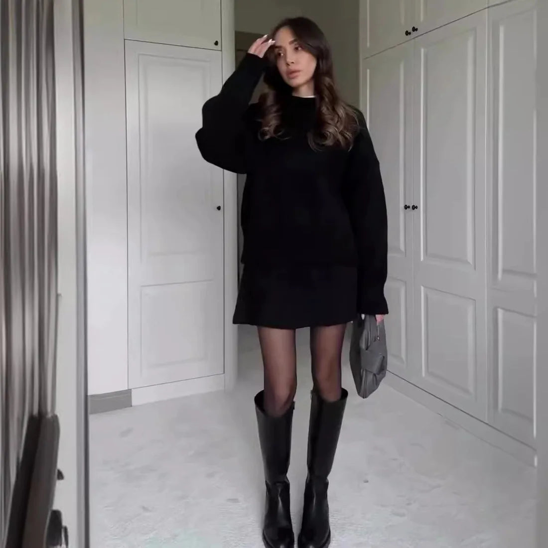 Chic Knitted Sweater and Mini Skirt Set VestiVogue black S