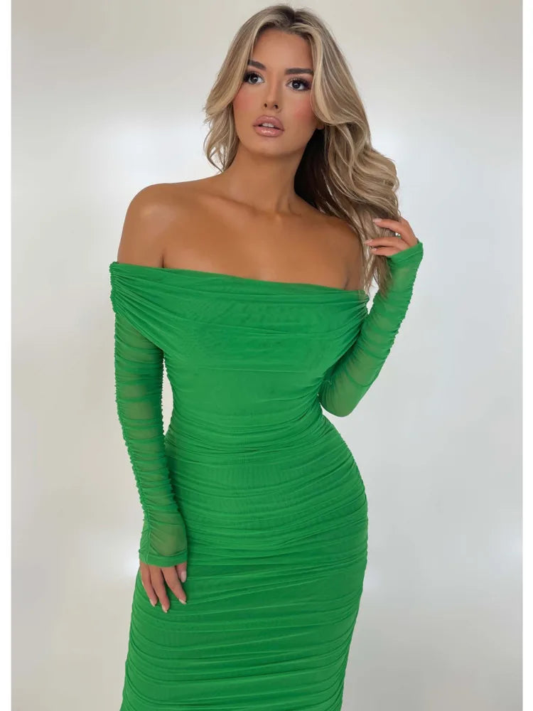 Elegant One Shoulder Mesh Long Sleeve Bodycon Evening Dress VestiVogue  