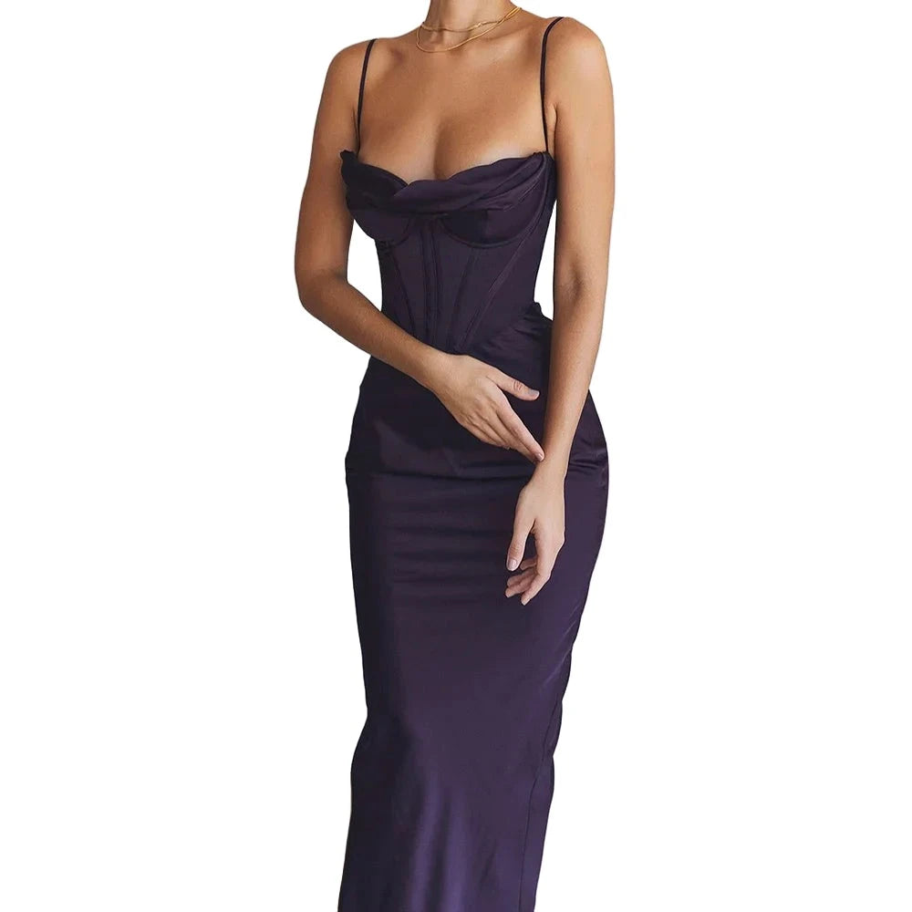 Pink Satin Corset Maxi Dress VestiVogue dark purple M