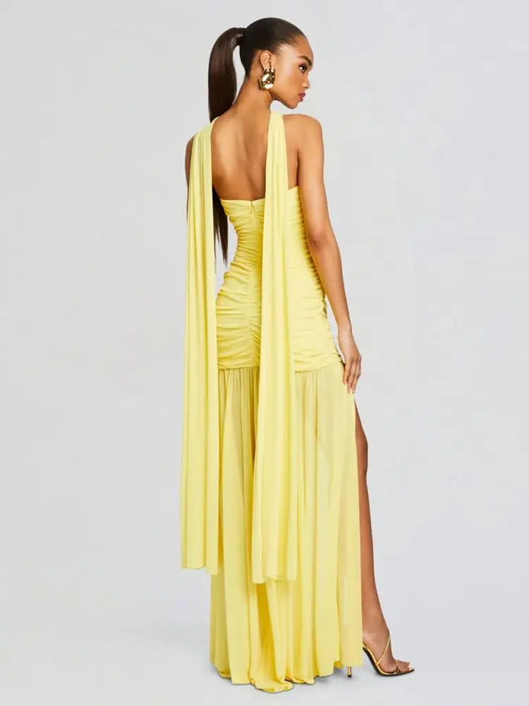 Women’s Sleeveless Yellow Mesh Ruched Maxi Dress VestiVogue  