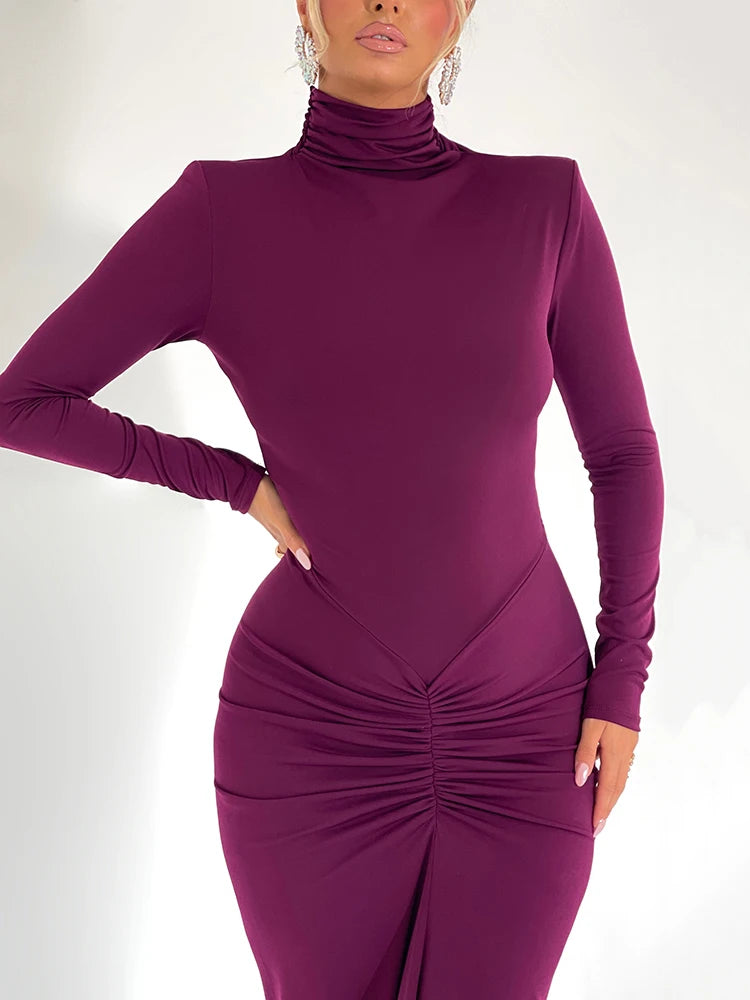 High Neck Bodycon Midi Dress for Women VestiVogue  