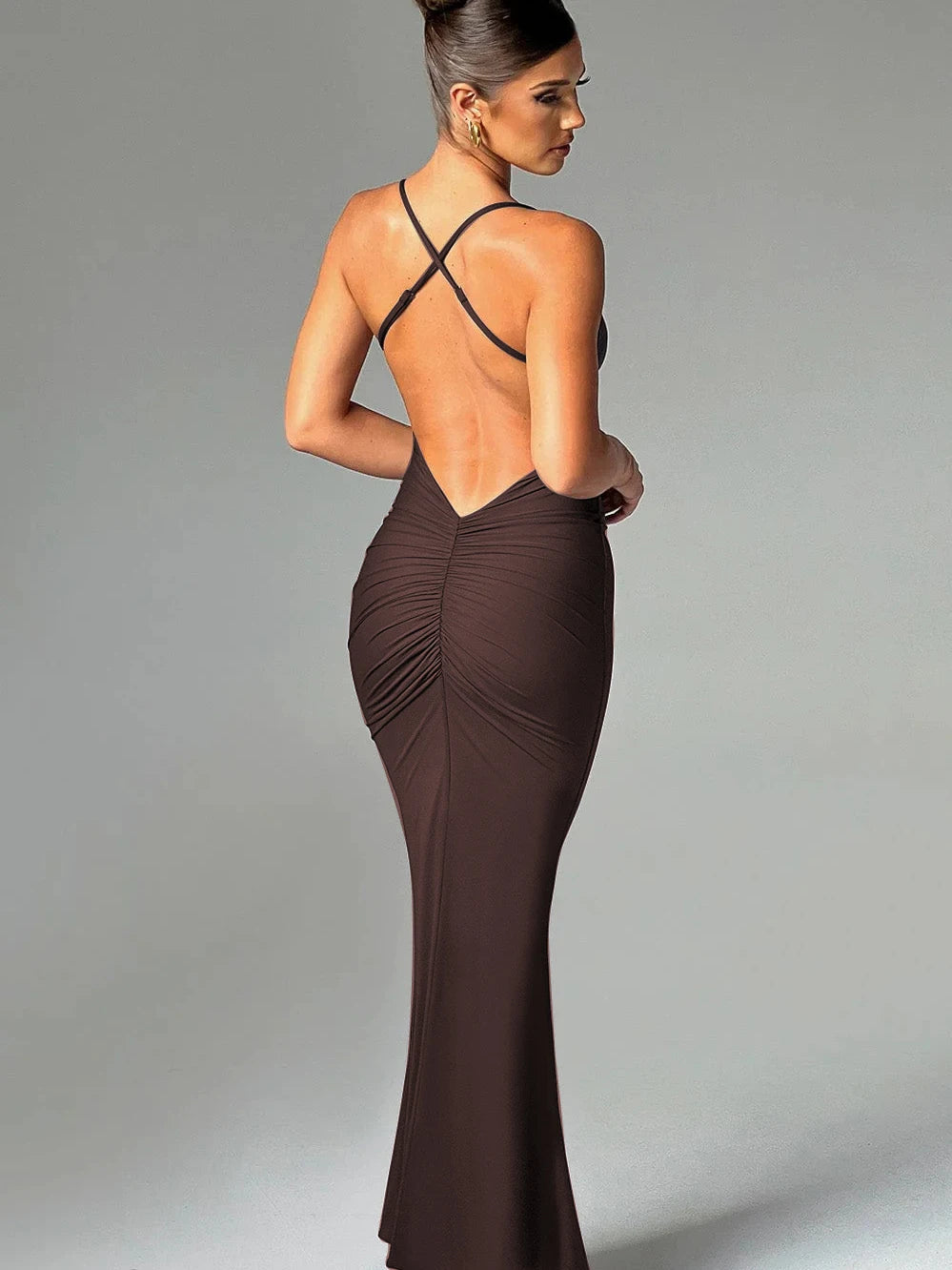 Backless Slim Fit Maxi Dress for Women VestiVogue Brown S