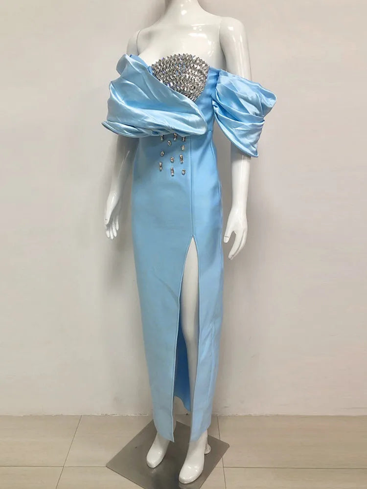 Off-Shoulder Beaded Split Bodycon Dress in Blue and Black VestiVogue