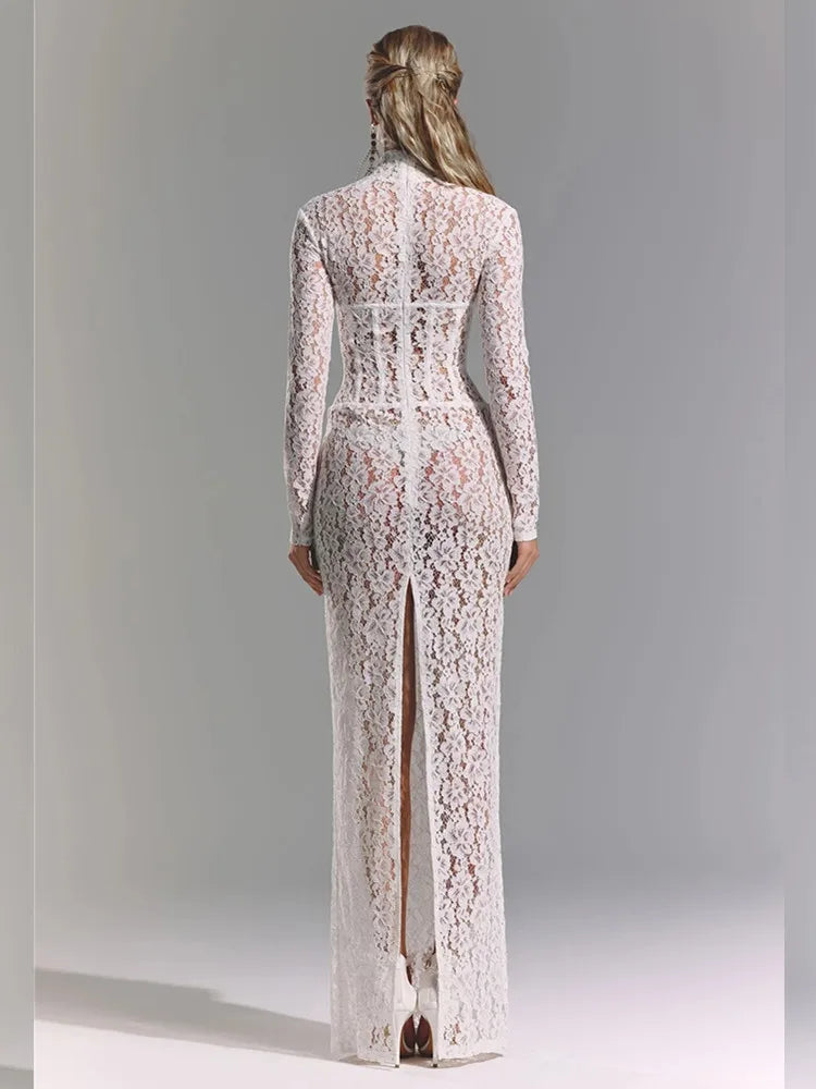 Elegant White Lace Maxi Dress with Long Sleeves and Turtleneck VestiVogue