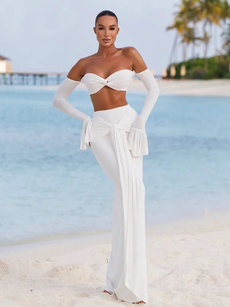 Elegant Off-Shoulder Ruffled White Maxi Two-Piece Set VestiVogue