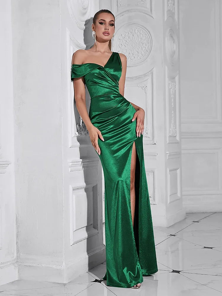 One Shoulder Asymmetrical Green Satin Maxi Dress VestiVogue