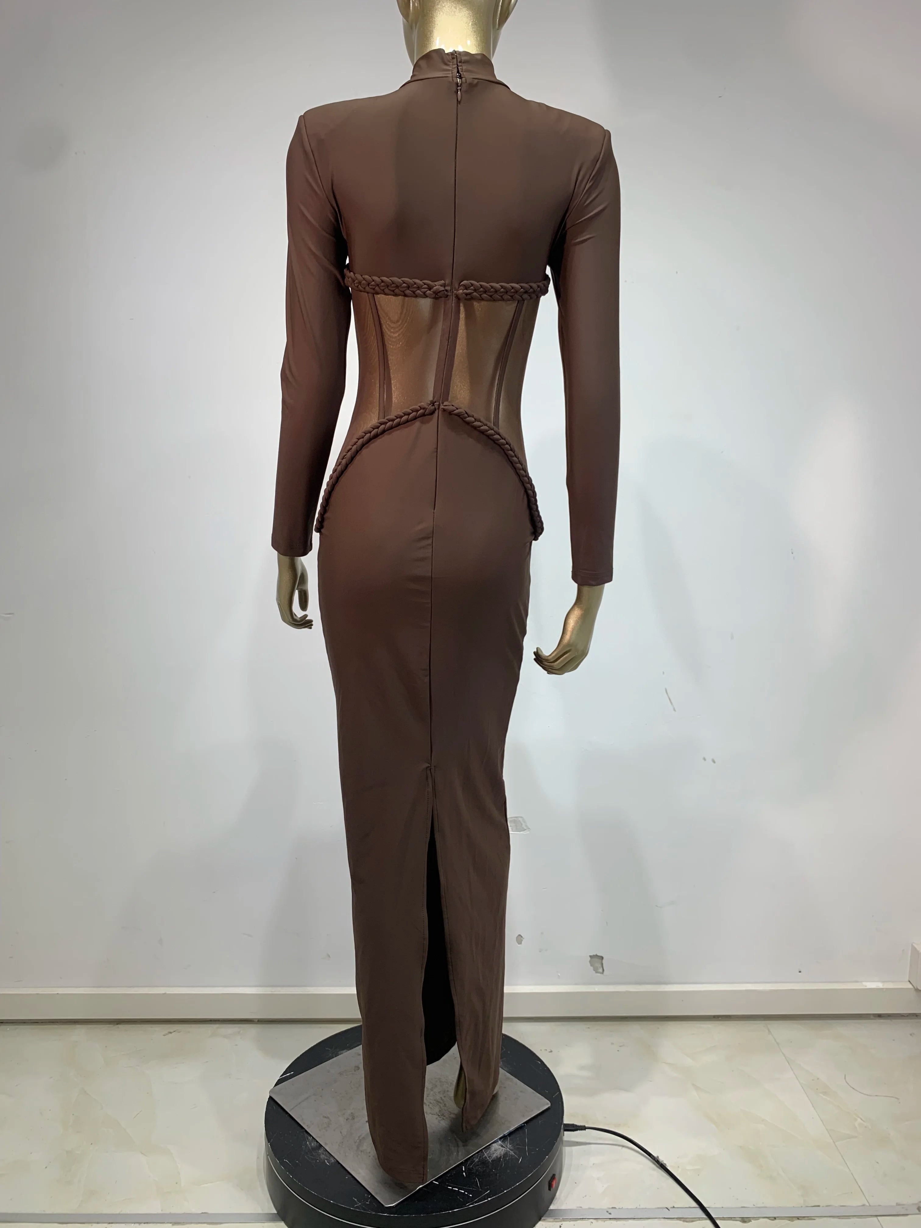 Elegant Brown Bodycon Maxi Gown with Turtleneck and Full Sleeves VestiVogue