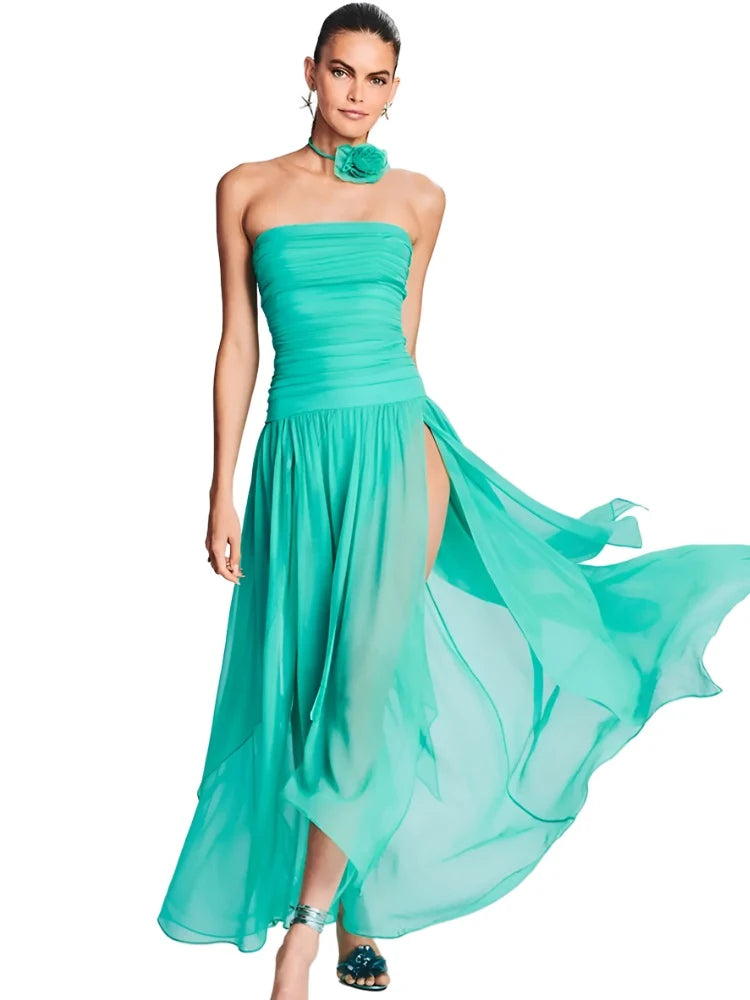 Strapless Mesh Ruched Pleated Long Dress VestiVogue  