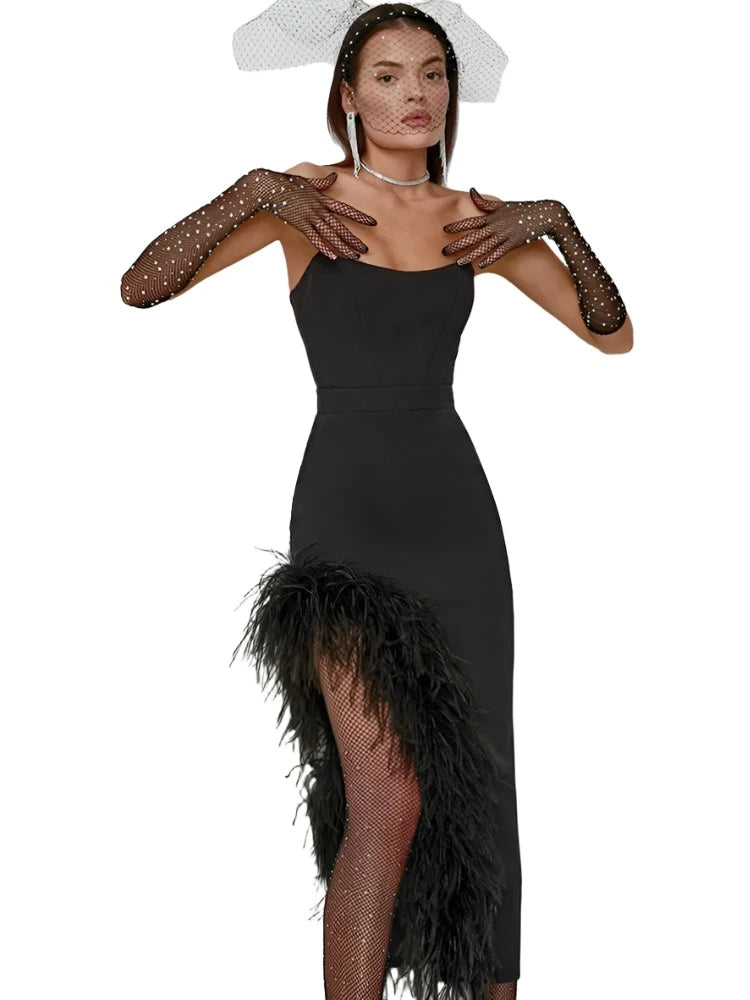 Strapless Feather Split Bodycon Dress VestiVogue  