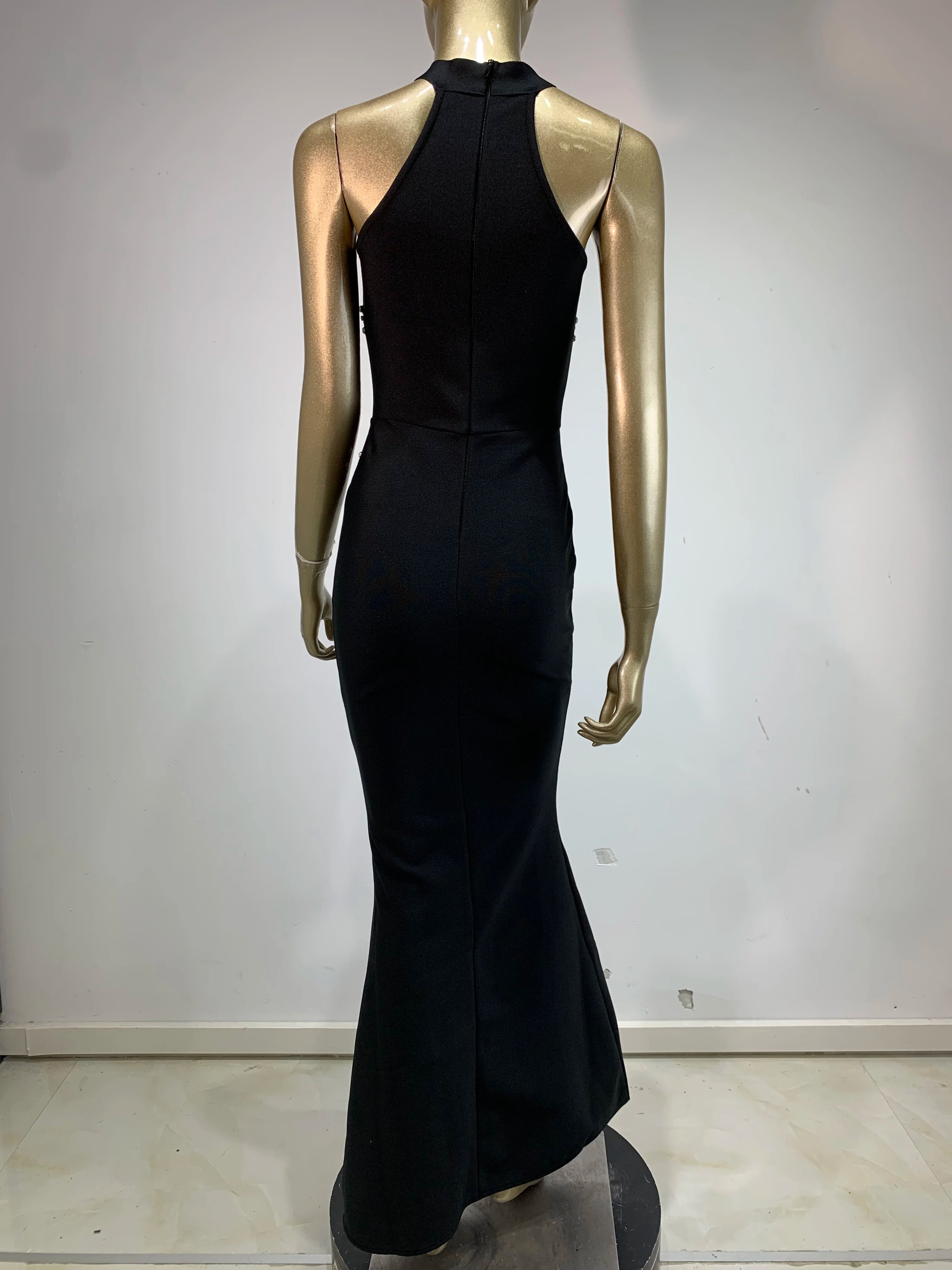 Elegant Beaded Black Maxi Bodycon Dress with Turtleneck VestiVogue