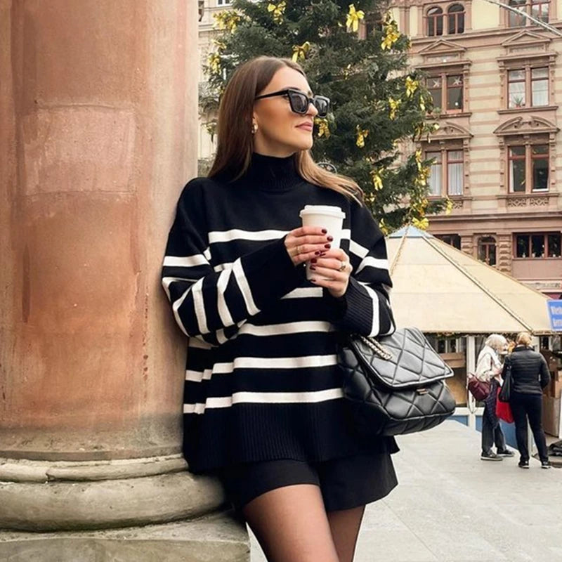 Black and White Stripe Turtleneck Sweater VestiVogue