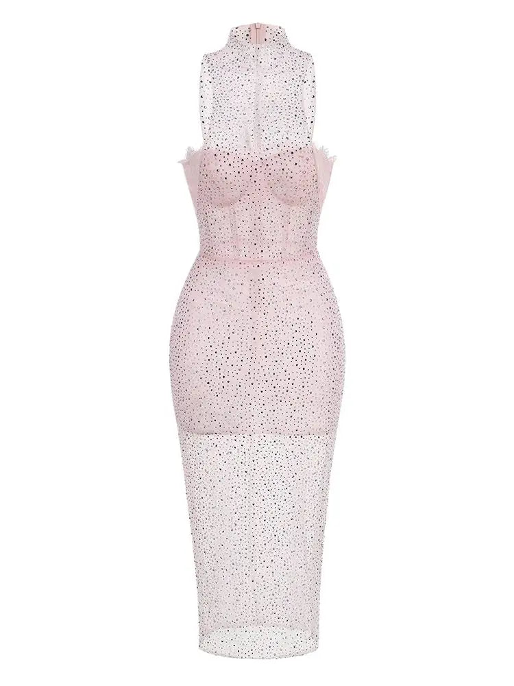 Pink Lace Mesh Midi Bodycon Dress with Beading VestiVogue  