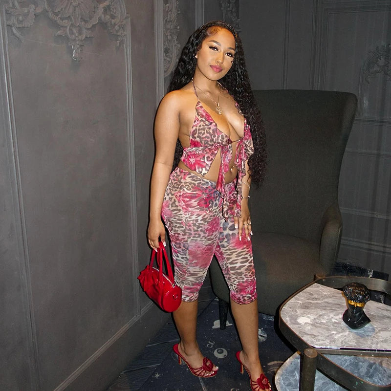 Floral Leopard Print Ruffle Tie Tank Top & Low Waisted Pants Set VestiVogue