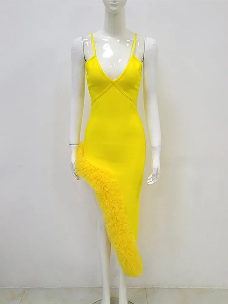 Yellow Ruffles V Neck Bandage Dress for Summer Evenings VestiVogue  