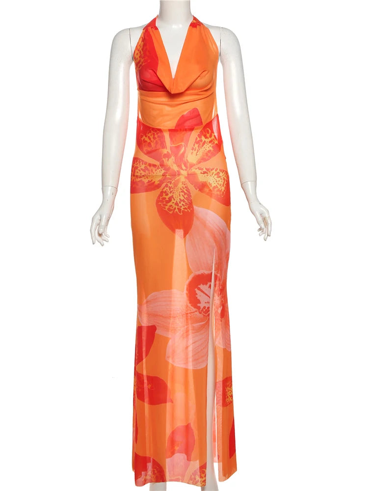 Flower Print Halter Maxi Dress with High Side Slit VestiVogue