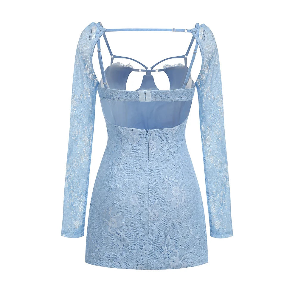 Sky Blue Backless Mini Bodycon Dress with Square Collar VestiVogue