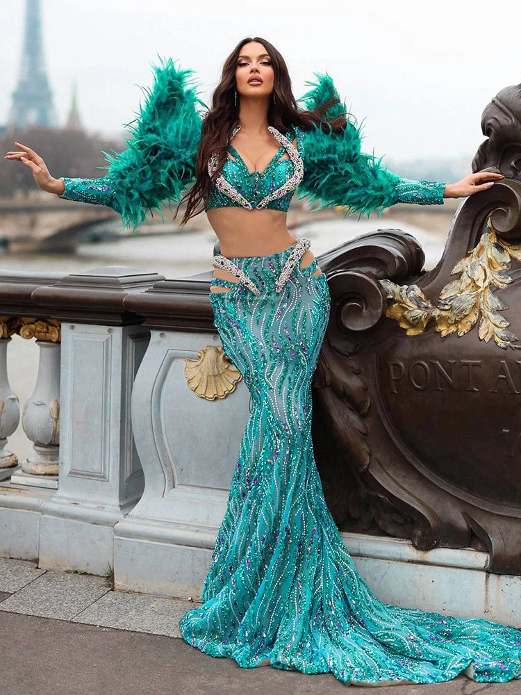 Elegant Green Sequin & Feather Long Sleeve Mermaid Maxi Gown VestiVogue