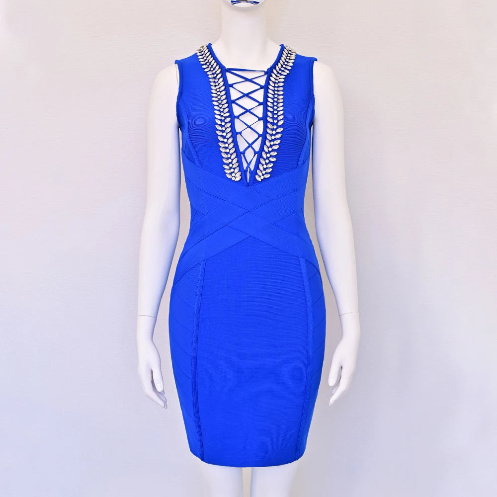 Luxury Blue Diamond Bandage Dress VestiVogue