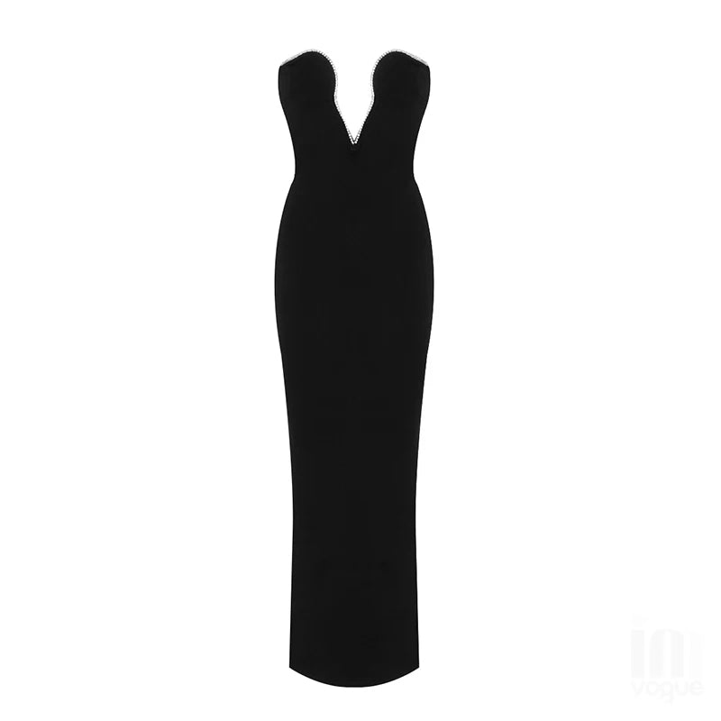 Black Strapless Crystal V Neck Bandage Maxi Dress VestiVogue black M