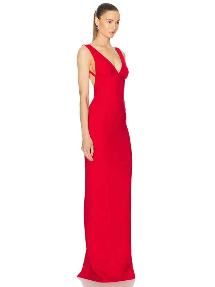 Elegant Backless Red Maxi Dress with V-Neck and Spaghetti Straps VestiVogue
