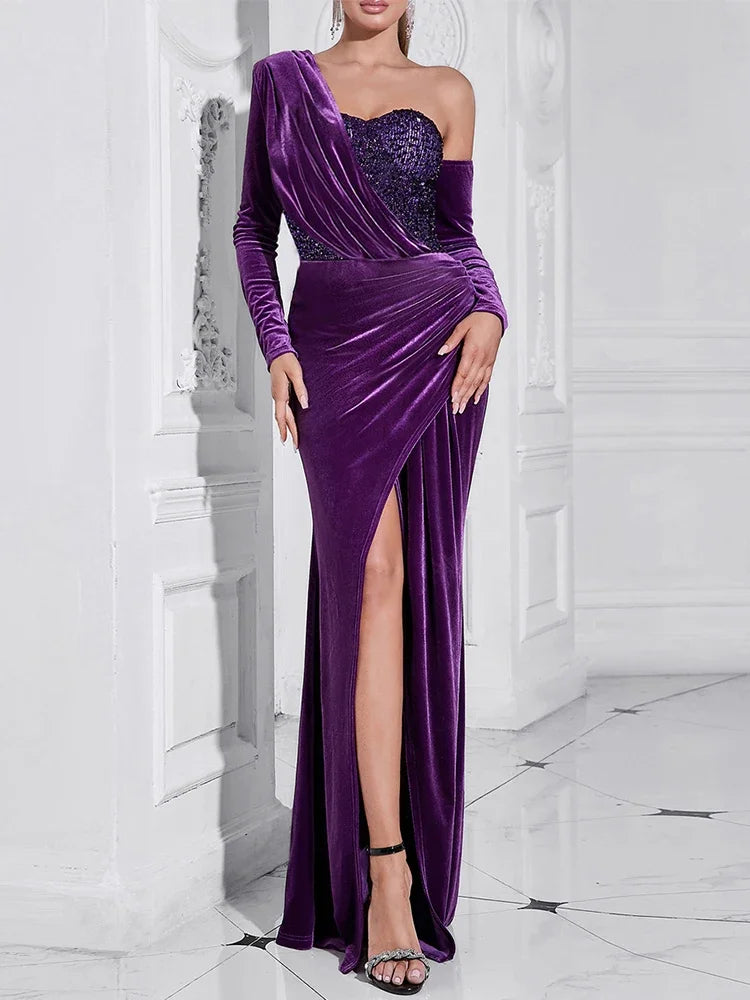 Asymmetrical Sequins Velvet Maxi Dress with Split VestiVogue