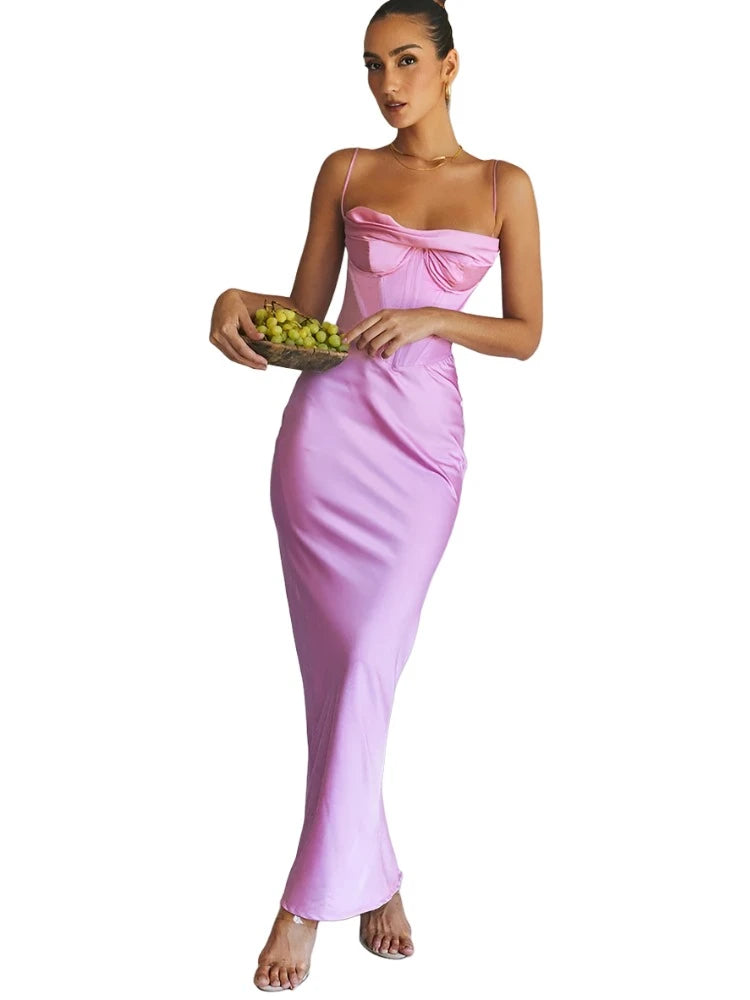 Pink Satin Corset Maxi Dress VestiVogue  