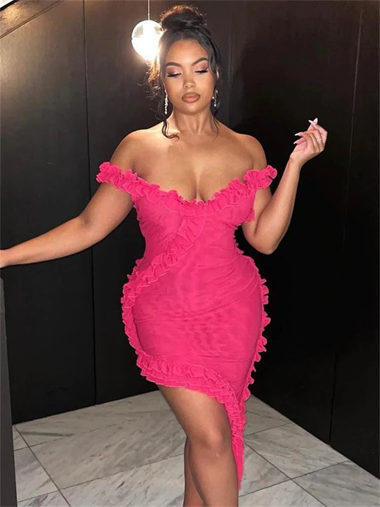 Elegant Mesh Mini Dress with Slash Neck and Crossed Hip Design VestiVogue Rose Red S