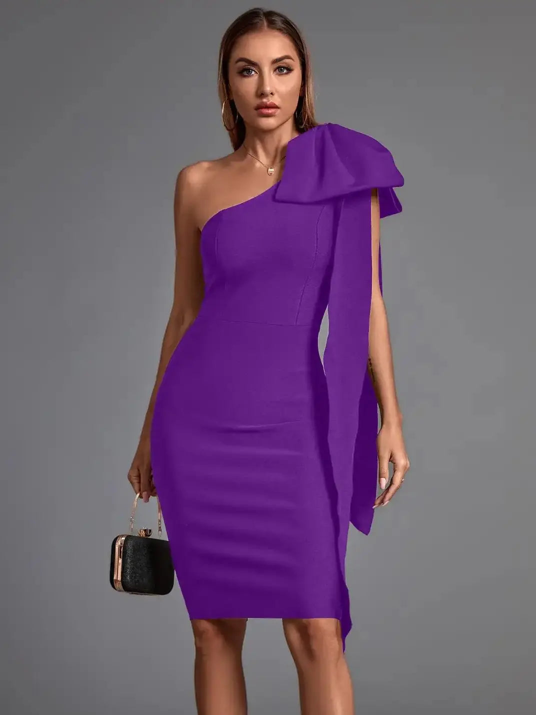 Black Bodycon Bandage Dress with Ruffles VestiVogue PURPLE S