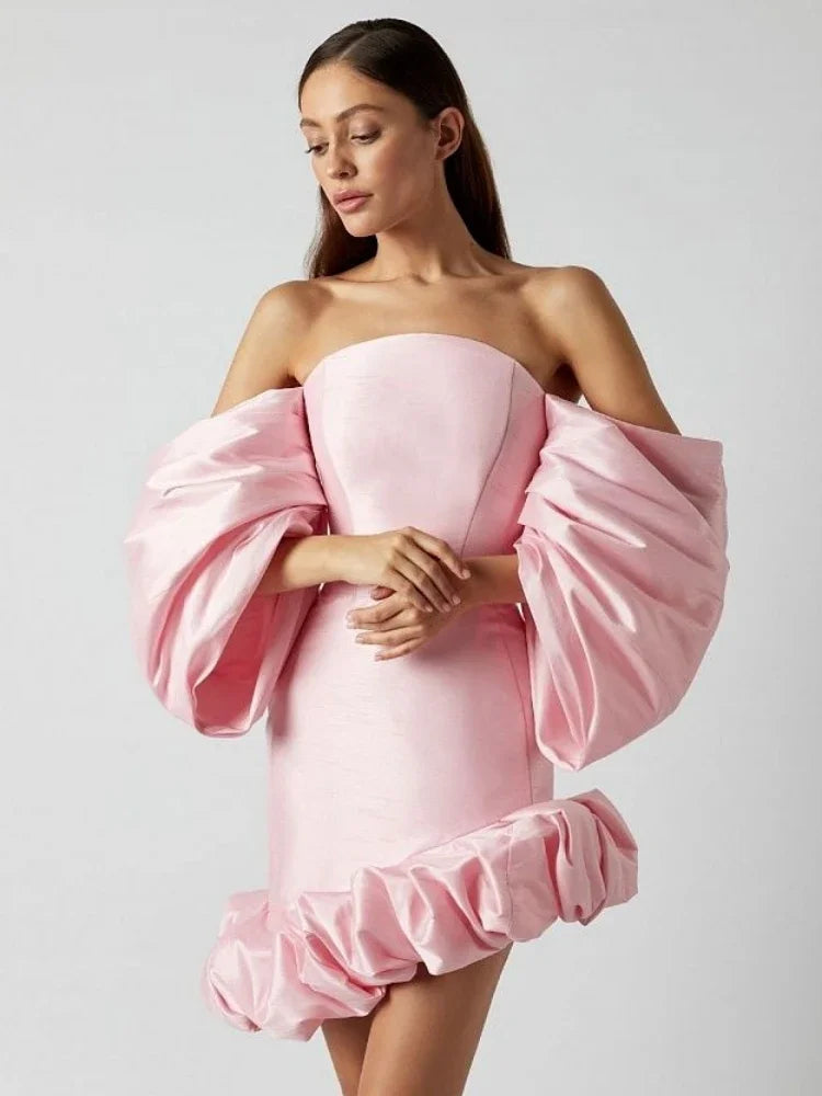 Elegant Off-Shoulder Pink Midi Puff Sleeve Bodycon Dress VestiVogue