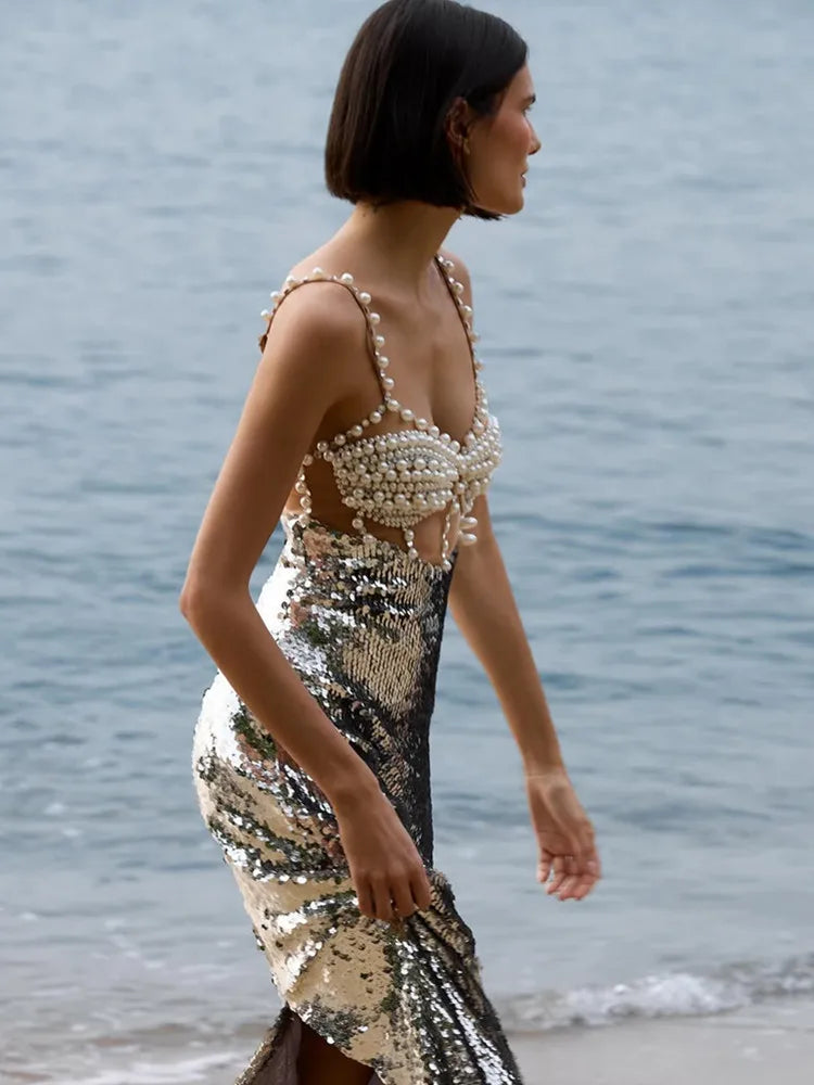 Alluring Backless Silver Sequin Maxi Dress VestiVogue